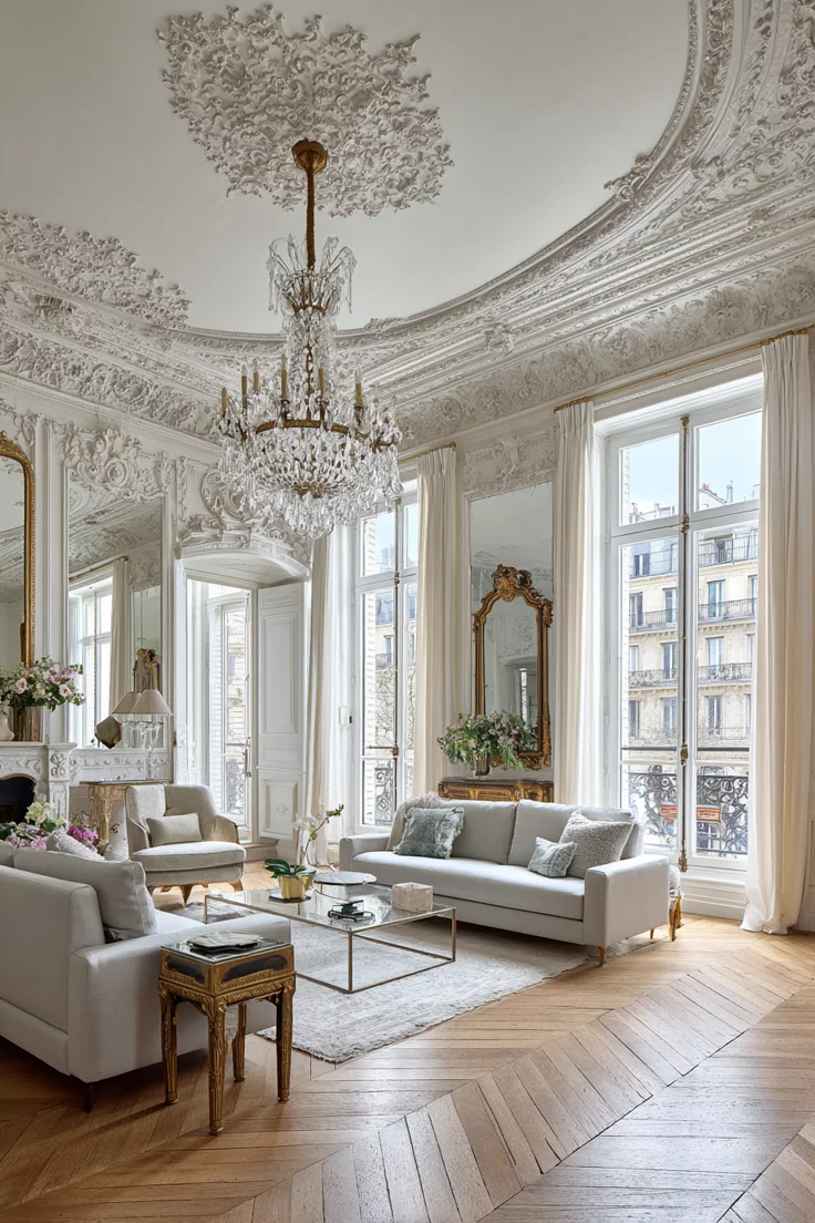 Parisian Rococo Living Room — Ornate Ceilings, Modern Elegance